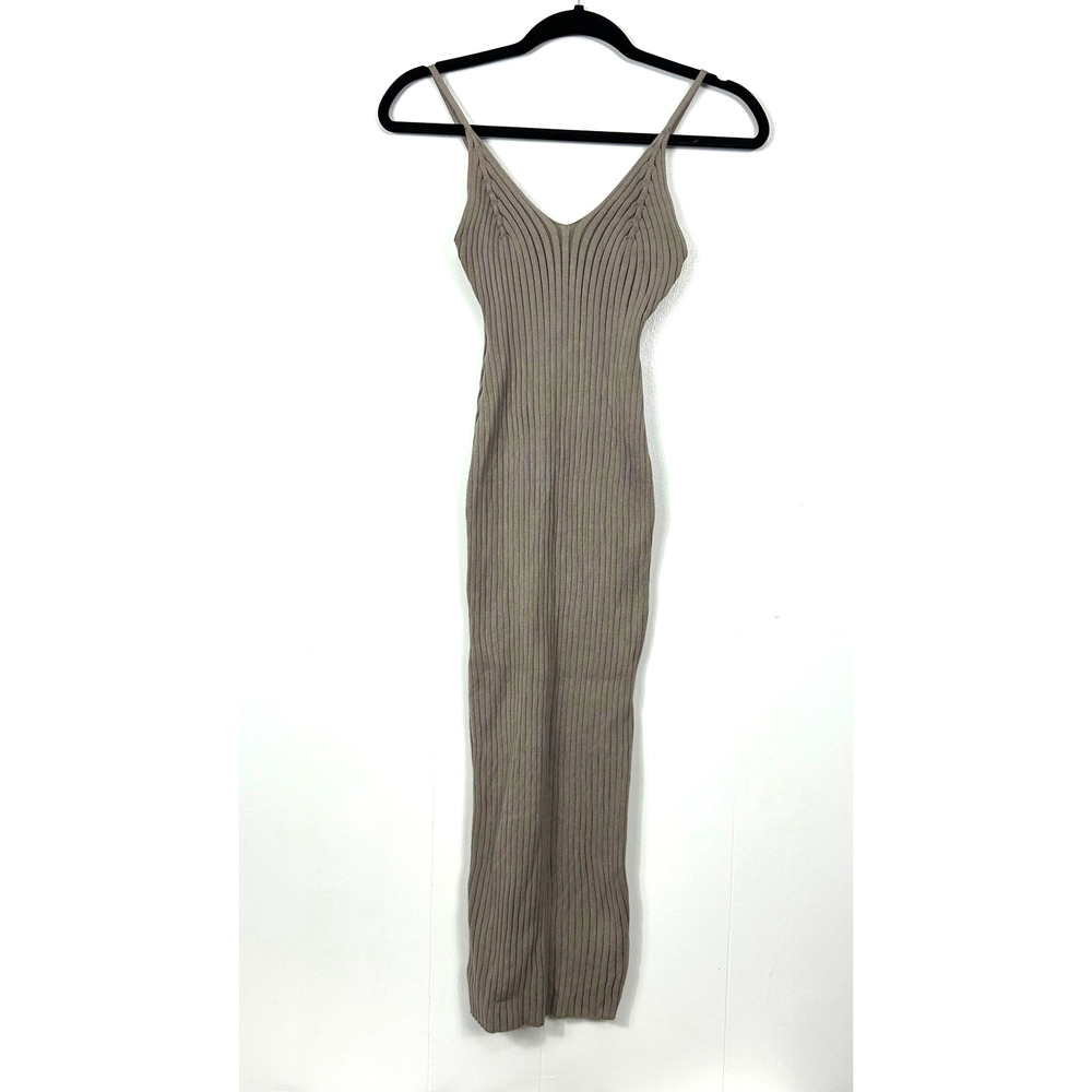 SHEIN Midi Dress Womens Large Tan Taupe Spaghetti Strap V-Neck Ribbed Knit‎